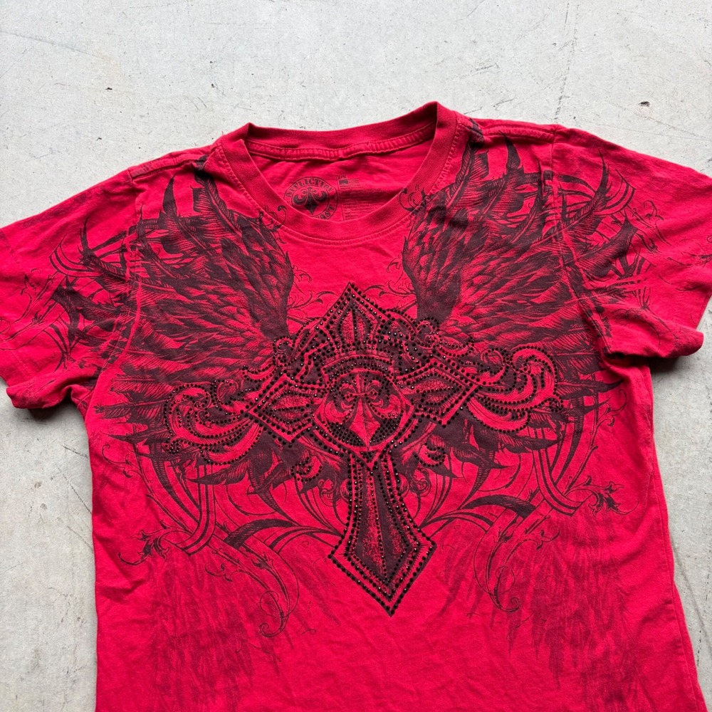 Affliction Live Fast Red Graphic T-Shirt Y2K Cross Wings Rhinestone Women Medium